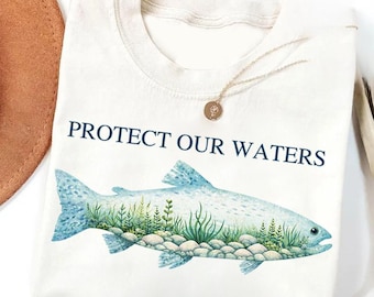Camiseta de pesca "Protejamos nuestras aguas", camiseta de pesca para niños, camiseta de pesca familiar, camiseta de pescador juvenil, camiseta de conservación pesquera.