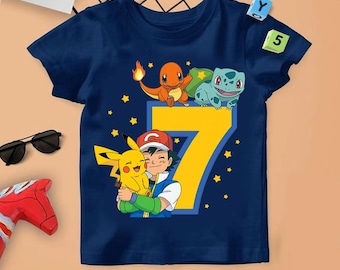Camiseta de cumpleaños personalizada de Pokémon Ash Pikachu, camiseta blanca para niños pequeños, regalo de fiesta personalizado para niños