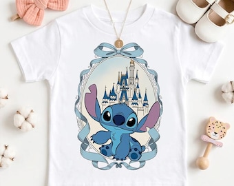 Custom Disney Castle Stitch Shirt, Personalized Magic Kingdom Family Vacation Tee, Blue Alien Ribbon Frame Top, Cute Toddler Disneyland Trip