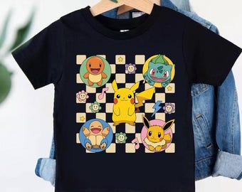 Custom Kids Birthday Shirt Cute Japanese Anime Monsters Checkerboard Tee Retro Toddler Birthday Outfit Personalized Name Age Gift