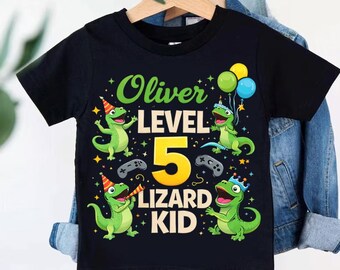 Personalized Birthday Shirt Kids, Level 5 Shirt, Custom Name Birthday Shirt, Gamer Kids Shirt, Dinosaur Birthday Tee
