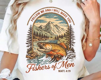 Camiseta cristiana para pescadores, camiseta con versículo bíblico Mateo 4:19, regalo religioso para pescadores, camiseta para pescadores basada en la fe, camiseta vintage de Jesús con forma de pez.