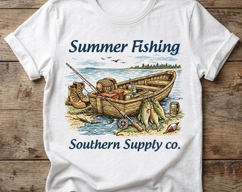 Camiseta de pesca vintage de los 90 - Camiseta retro de Southern Supply Co. con diseño de barco - Regalo estético para papá con estilo al aire libre - Ropa Heritage Lake Life - Pescador