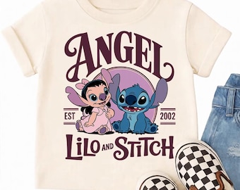 Custom Angel Lilo and Stitch Shirt, Personalized Disney Est 2002 Retro Tee, Cute Sibling Matching Vacation Top, Magical Kid Birthday Gear