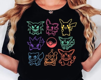 Neon Pokémon Outline Shirt, Glow Pikachu Gengar Eevee Tee, Minimalist Anime Pokémon Shirt, Retro Gamer Gift, Youth Pokémon Fan Apparel