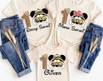 Custom Daddy Mama Safari Shirt Personalized Binoculars Trip Tee Giraffe Print 1st Birthday Top Matching Family Vacation Outfit Name Gift