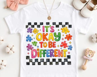 Camiseta de concienciación sobre el autismo, camiseta "Está bien ser diferente", camiseta sobre neurodiversidad, camiseta colorida con piezas de rompecabezas, regalo para profesores de educación especial, camiseta de la amabilidad