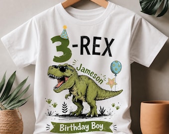 Custom Three Rex Birthday Shirt, Personalized Boy Dinosaur Tee, Jameson 3rd Birthday Outfit, T-Rex Party Kids Clothes, Custom Name Gift