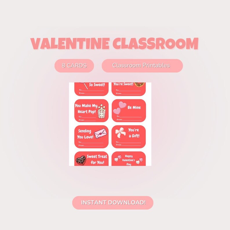 Valentine Classroom Cards Printable | Kids School Valentines | Instant ...