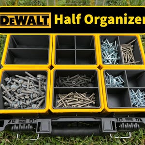 May include: A black and yellow DeWalt Half Organizer tool case featuring six removable interior bins. The bins are filled with various metal screws, bolts, and fasteners of different sizes and finishes, including silver, grey, and dark metallic tones.
