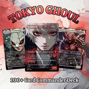 May include: Three Magic: The Gathering cards featuring anime-style art. The cards are labeled "Adeline, Resplendent Cathar", "Teysa Karlov", and "Mondrak, Glory Dominus". The text "TOKYO GHOUL" is at the top, and "100+ Card Commander Deck" is at the bottom.