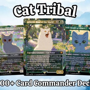 May include: Three Magic: The Gathering cards featuring cat-themed artwork. The cards display illustrations of cats with text that reads "Cat Tribal" and "100+ Card Commander Deck". The cards are for the game Magic: The Gathering.