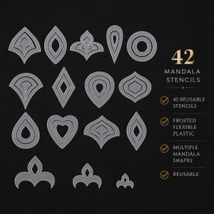 May include: A collection of 42 mandala stencils made of frosted flexible plastic. The set includes various geometric and organic shapes such as teardrops, diamonds, hearts, and circular patterns. Text on the right reads 42 MANDALA STENCILS, 42 REUSABLE STENCILS, FROSTED FLEXIBLE PLASTIC, MULTIPLE MANDALA SHAPES, and REUSABLE.