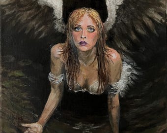 Water Angel Original Painting – Sacred Feminine Spiritual Wall Art (9"x12")