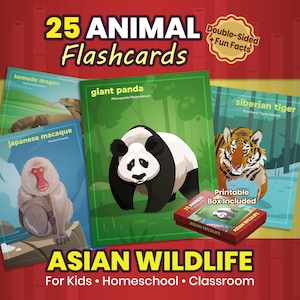 Tarjetas didácticas de especies de animales salvajes asiáticos: 25 tarjetas imprimibles de doble cara con datos curiosos e información