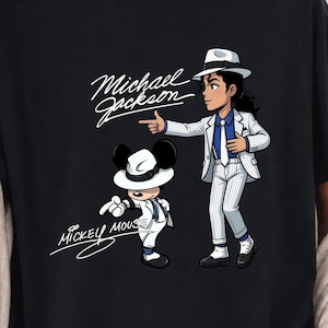 Unisex t-shirt, sweatshirt, youth tee and baby bodysuit with Michael Jackson and Mickey Mouse in white suits, Smooth Criminal dancing graphic design.