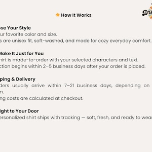 Puede incluir: Gr&aacute;fico color crema con el texto "How It Works" y un logotipo que dice "Dreamify 34 Wear It". El texto explica el proceso: elige el estilo, camisetas hechas a medida, env&iacute;o y entrega.