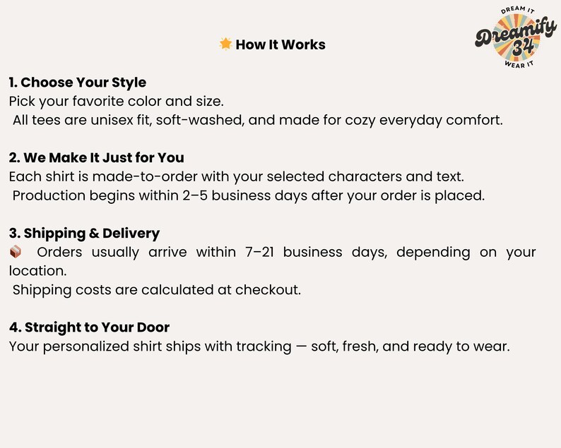 Puede incluir: Gr&aacute;fico color crema con el texto "How It Works" y un logotipo que dice "Dreamify 34 Wear It". El texto explica el proceso: elige el estilo, camisetas hechas a medida, env&iacute;o y entrega.
