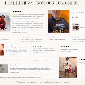 Puede incluir: Imagen que muestra rese&ntilde;as de clientes para una tienda de Etsy. Las rese&ntilde;as presentan fotos de camisetas con dise&ntilde;os personalizados, incluido un retrato familiar con el texto "LOVE LIVES HERE" y otras camisetas gr&aacute;ficas. Las rese&ntilde;as destacan la calidad y satisfacci&oacute;n de los clientes.