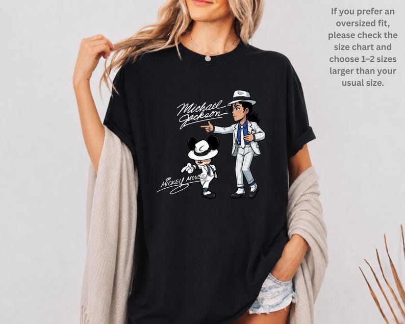 Unisex t-shirt, sweatshirt, youth tee and baby bodysuit with Michael Jackson and Mickey Mouse in white suits, Smooth Criminal dancing graphic design.