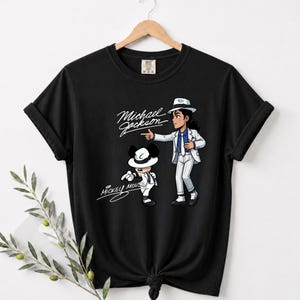Unisex t-shirt, sweatshirt, youth tee and baby bodysuit with Michael Jackson and Mickey Mouse in white suits, Smooth Criminal dancing graphic design.