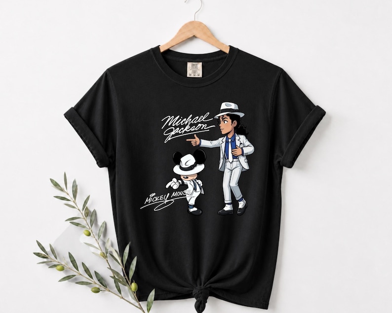 Unisex t-shirt, sweatshirt, youth tee and baby bodysuit with Michael Jackson and Mickey Mouse in white suits, Smooth Criminal dancing graphic design.