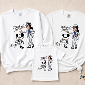 Unisex t-shirt, sweatshirt, youth tee and baby bodysuit with Michael Jackson and Mickey Mouse in white suits, Smooth Criminal dancing graphic design.