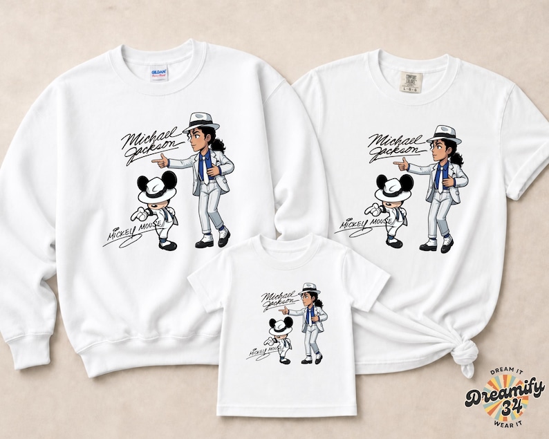 Unisex t-shirt, sweatshirt, youth tee and baby bodysuit with Michael Jackson and Mickey Mouse in white suits, Smooth Criminal dancing graphic design.