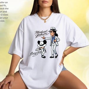 Unisex t-shirt, sweatshirt, youth tee and baby bodysuit with Michael Jackson and Mickey Mouse in white suits, Smooth Criminal dancing graphic design.