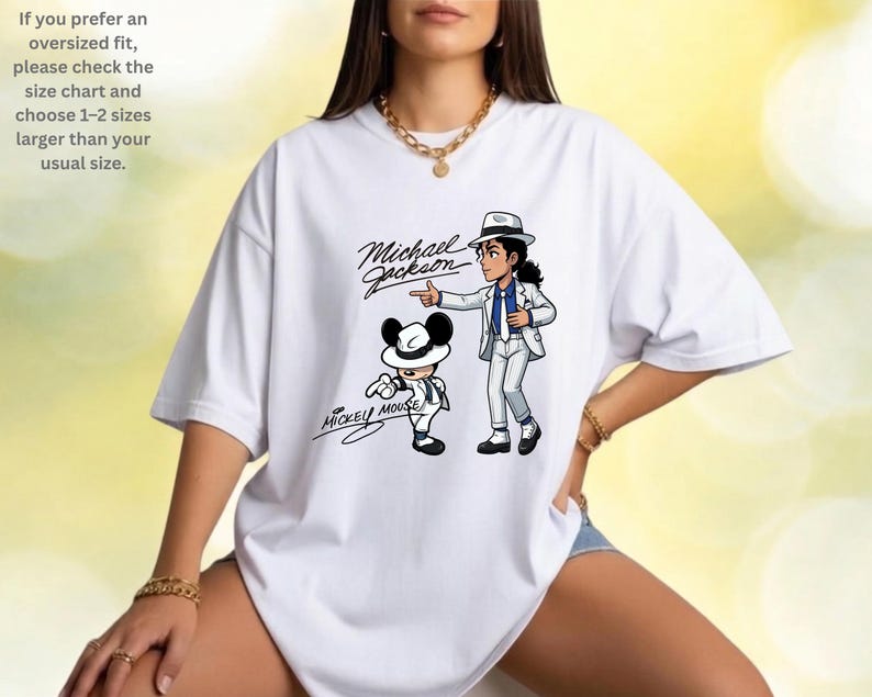 Unisex t-shirt, sweatshirt, youth tee and baby bodysuit with Michael Jackson and Mickey Mouse in white suits, Smooth Criminal dancing graphic design.