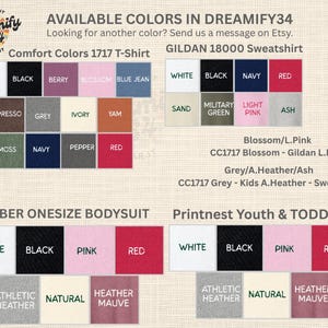 May include: Image showcasing a color chart for various apparel items. The chart includes color swatches for Comfort Colors 1717 T-shirts, Gildan 18000 sweatshirts, Gerber onesie bodysuits, and Printnest youth & toddler apparel. Colors include white, black, pink, and red.