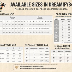 May include: A size chart graphic for Dreamify34 featuring five tables for Comfort Colors 1717, Gildan 18000, Printnest Youth and Toddler shirts, and Gildan 18000B Youth sweatshirts. The tables display width, length, and sleeve measurements in inches.
