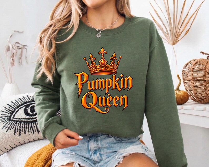 Adult t-shirt, toddler t-shirt, youth t-shirt, and adult or youth sweatshirt with personalized pumpkin family title graphic such as Queen, King, Princess, or Prince