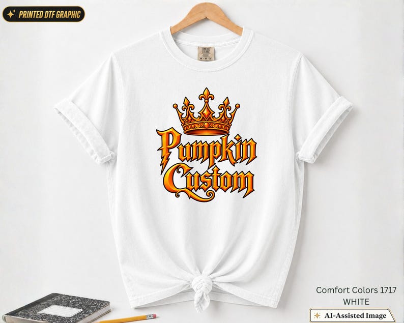 May include: A white short-sleeve t-shirt featuring a central graphic of an orange and gold crown above the text Pumpkin Custom in a stylized orange font. The shirt has a crew neckline and is displayed on a wooden hanger with a knotted hem detail.
