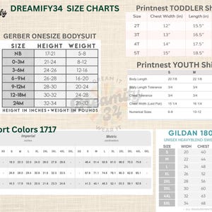 Puede incluir: Tablas de tallas para bodies Gerber, camisetas Printnest para ni&ntilde;os peque&ntilde;os y j&oacute;venes, Comfort Colors 1717 y sudaderas unisex Gildan 18000. Las tablas incluyen medidas en cm y kg.