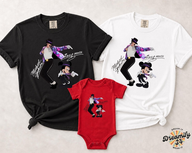 Unisex t-shirt, sweatshirt, hoodie, and baby bodysuit featuring a Michael Jackson and Mickey Mouse dancing graphic with galaxy jacket details and pop icon theme.