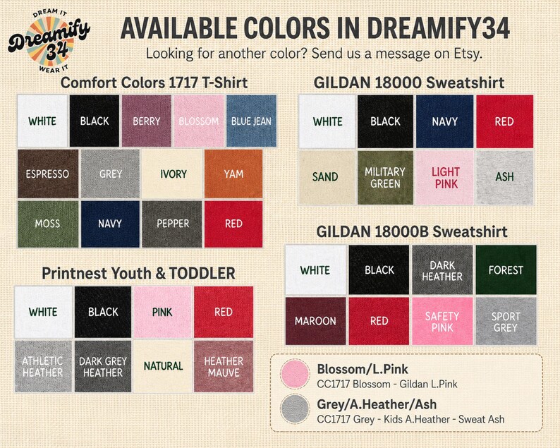 May include: A color chart for Dreamify34 apparel featuring Comfort Colors 1717 t-shirts, Gildan 18000 sweatshirts, Gildan 18000B sweatshirts, and Printnest youth and toddler shirts. The grid displays various fabric swatches labeled by color name.