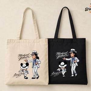 May include: Two tote bags, one beige and one black, each featuring a cartoon illustration of Michael Jackson and Mickey Mouse. The bags have long handles and the text "Michael Jackson" and "Mickey Mouse" in a script font.