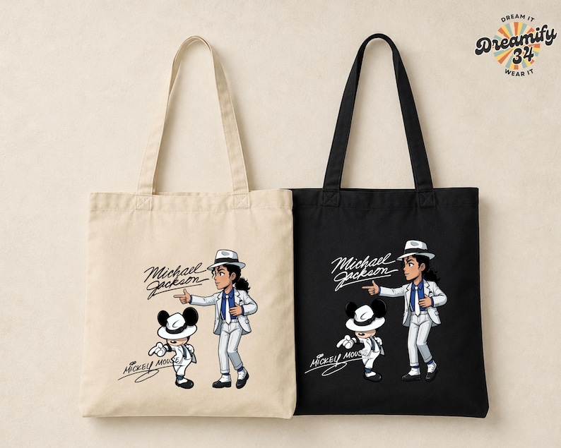 May include: Two tote bags, one beige and one black, each featuring a cartoon illustration of Michael Jackson and Mickey Mouse. The bags have long handles and the text "Michael Jackson" and "Mickey Mouse" in a script font.
