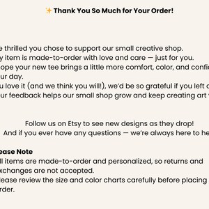 May include: A cream-colored graphic with the text "Thank You So Much for Your Order!" and additional text thanking the customer for their order and providing shop information. The text also includes a note about returns and exchanges.