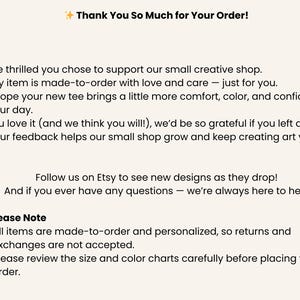 Puede incluir: Gr&aacute;fico color crema con el texto "Thank You So Much for Your Order!" y texto adicional que agradece al cliente su pedido y proporciona informaci&oacute;n de la tienda. El texto tambi&eacute;n incluye una nota sobre devoluciones y cambios.
