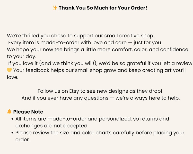 Puede incluir: Gr&aacute;fico color crema con el texto "Thank You So Much for Your Order!" y texto adicional que agradece al cliente su pedido y proporciona informaci&oacute;n de la tienda. El texto tambi&eacute;n incluye una nota sobre devoluciones y cambios.