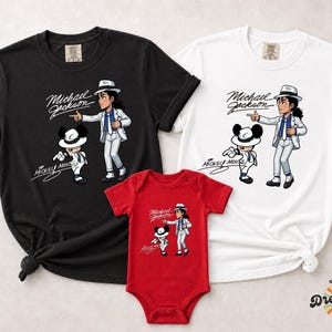 Unisex t-shirt, sweatshirt, youth tee and baby bodysuit with Michael Jackson and Mickey Mouse in white suits, Smooth Criminal dancing graphic design.
