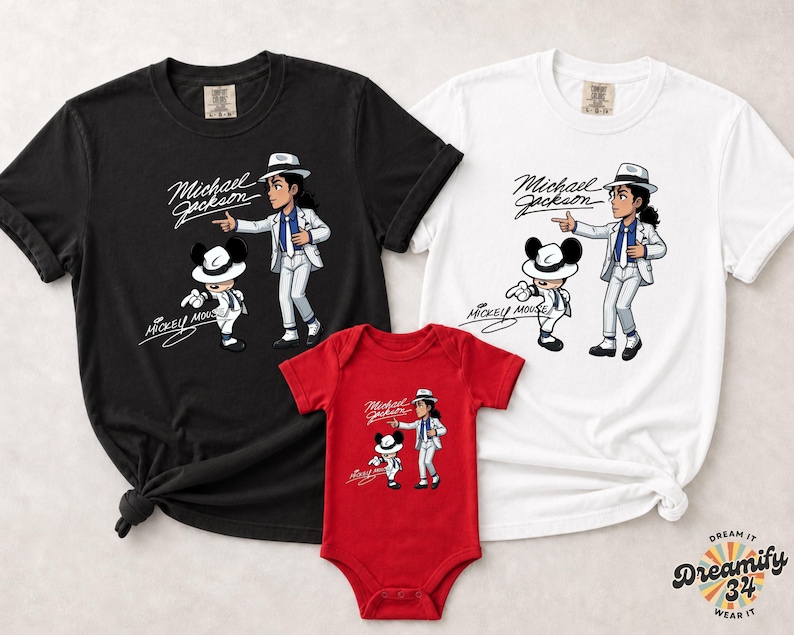 Unisex t-shirt, sweatshirt, youth tee and baby bodysuit with Michael Jackson and Mickey Mouse in white suits, Smooth Criminal dancing graphic design.