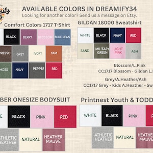 Puede incluir: Tabla de colores para ropa, incluyendo camisetas Comfort Colors 1717, sudaderas Gildan 18000, bodies Gerber y ropa Printnest para ni&ntilde;os. La tabla muestra muestras de color en tonos como blanco, negro, rosa y rojo, con etiquetas de texto.