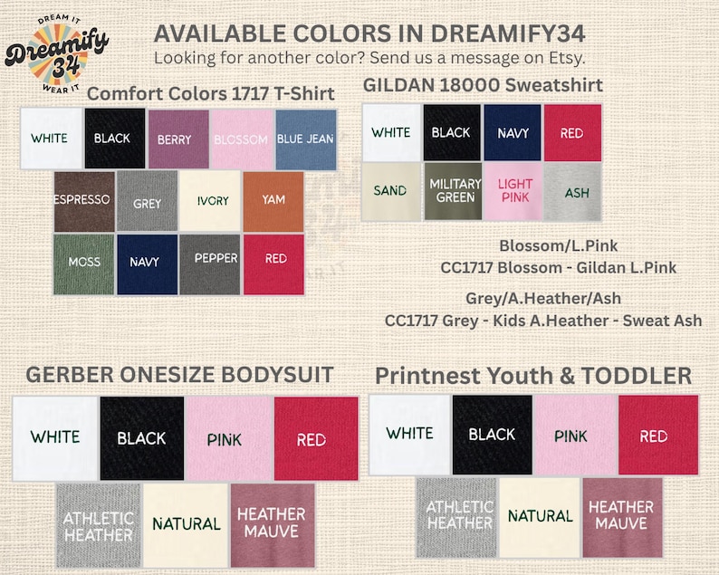 Puede incluir: Tabla de colores para ropa, incluyendo camisetas Comfort Colors 1717, sudaderas Gildan 18000, bodies Gerber y ropa Printnest para ni&ntilde;os. La tabla muestra muestras de color en tonos como blanco, negro, rosa y rojo, con etiquetas de texto.