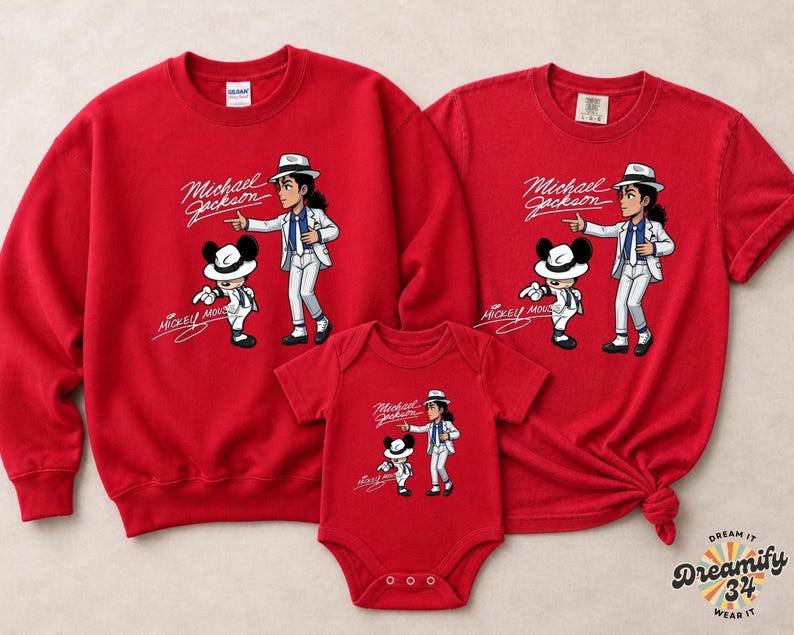 May include: Red family matching apparel set featuring a sweatshirt, t-shirt, and onesie. Each item displays a cartoon illustration of Michael Jackson and Mickey Mouse. The text "Michael Jackson" and "Mickey Mouse" are also visible.