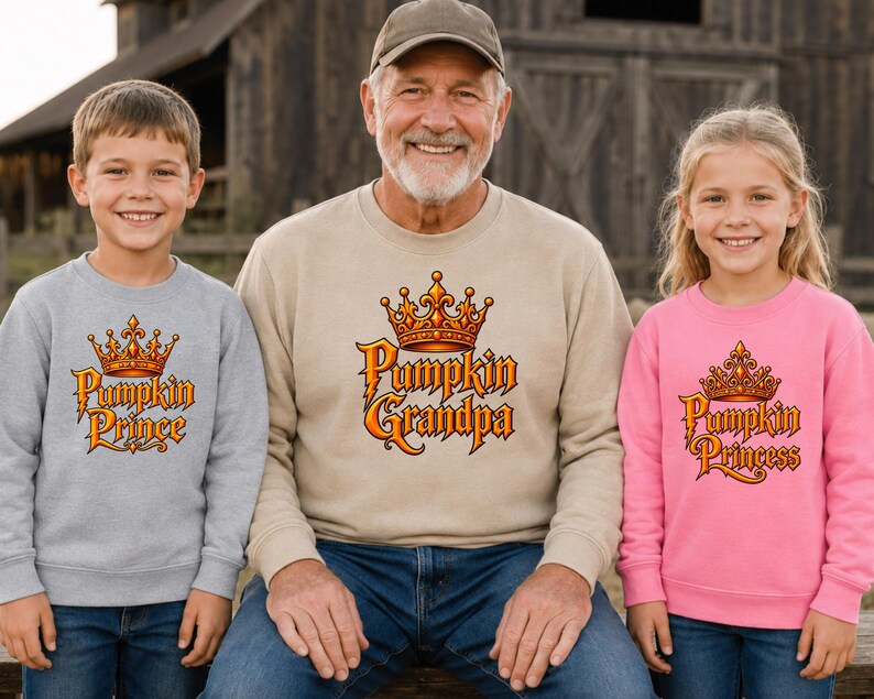 Adult t-shirt, toddler t-shirt, youth t-shirt, and adult or youth sweatshirt with personalized pumpkin family title graphic such as Queen, King, Princess, or Prince