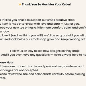 May include: A cream-colored graphic with the text "Thank You So Much for Your Order!" and additional text thanking the customer for their order. It also includes a note about returns and exchanges.