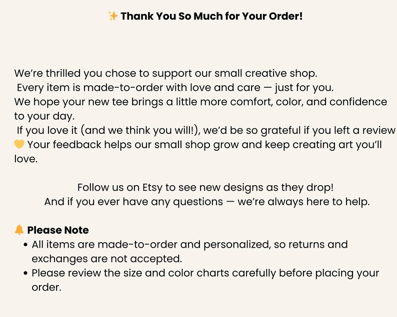 May include: A cream-colored graphic with the text "Thank You So Much for Your Order!" and additional text thanking the customer for their order. It also includes a note about returns and exchanges.